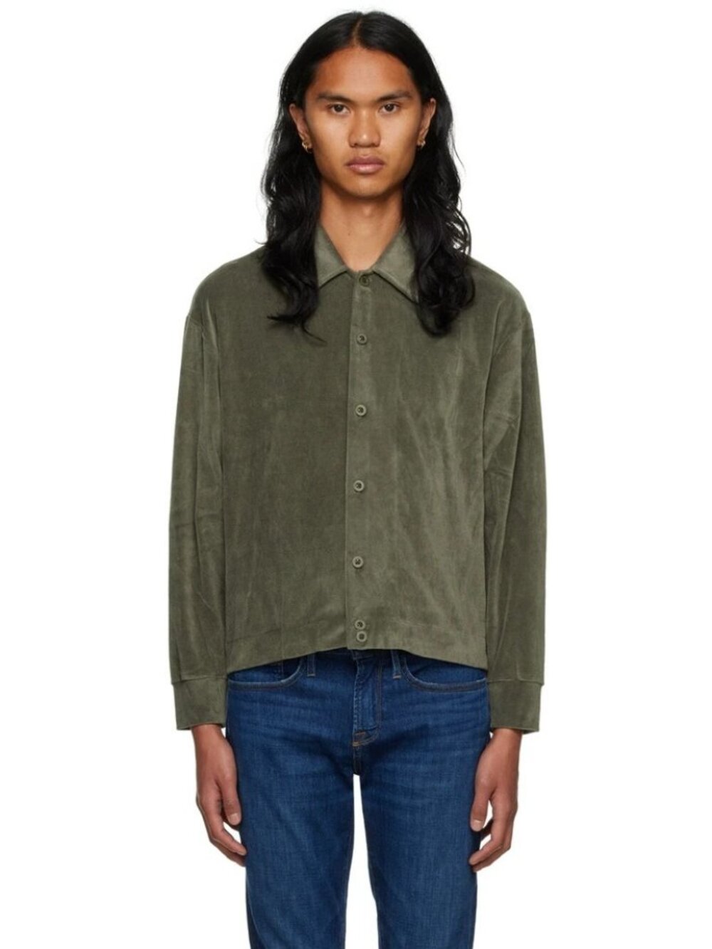 Lady White Co. Cropped Velour Spread Collar Jacket In Olive Green Large